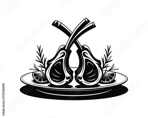Two cross lamb chops with rosemary and lemon slices on a plate in a woodcut style illustration