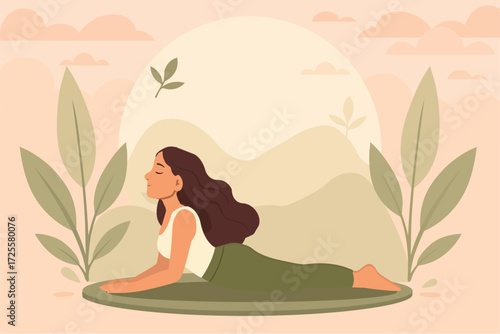 Woman in Cobra Pose (Bhujangasana) on a yoga mat. Background with mountains, clouds, and sun creates a serene atmosphere for yoga practice.
 Vector EPS 10