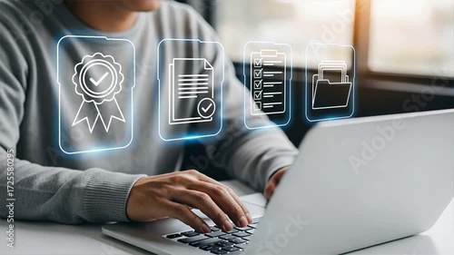 A person types on laptop while floating digital icons show checkmarks, ribbons, folders, document review, quality control process, quality assurance