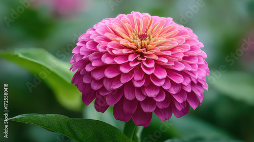 perfectly symmetrical pink zinnia flower blossoms with layered petals and vibrant colors, standing out vividly against a lush green background
