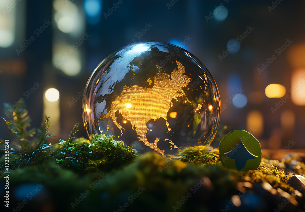 Fototapeta premium A glass globe with the map of Europe inside, placed on moss and surrounded by greenery