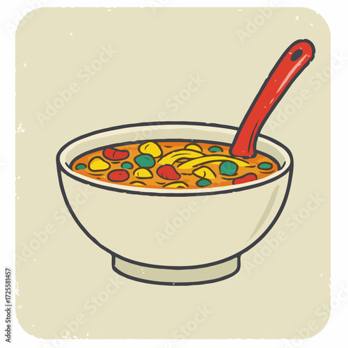 Hand-drawn bowl of vegetable soup with red spoon in vintage style on beige background. Ideal for recipe cards, food blogs, or cozy kitchen illustrations.