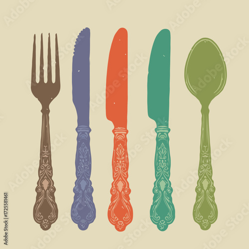 Vintage cutlery set illustration in colorful retro style on beige background. Ideal for restaurant menus, kitchen decor, or food-themed graphic design projects.