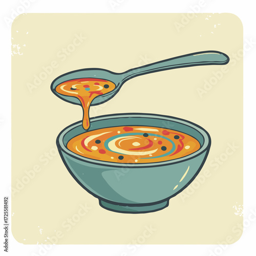 Hand-drawn bowl of hot soup with spoon in vintage style on beige background. Perfect for recipe illustrations, kitchen decor, or food-themed design projects.