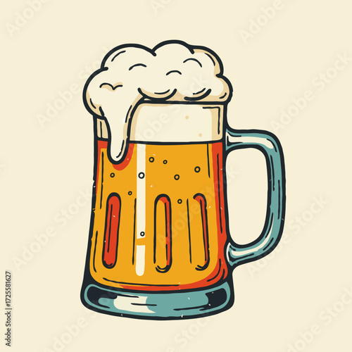 Hand-drawn frothy beer mug illustration in vintage style on beige background. Ideal for bar menus, Oktoberfest designs, or craft beer branding.