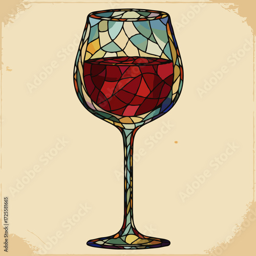 Stained glass wine glass illustration with red wine on vintage beige background. Ideal for wine-themed art, bar decor, or elegant beverage design projects.