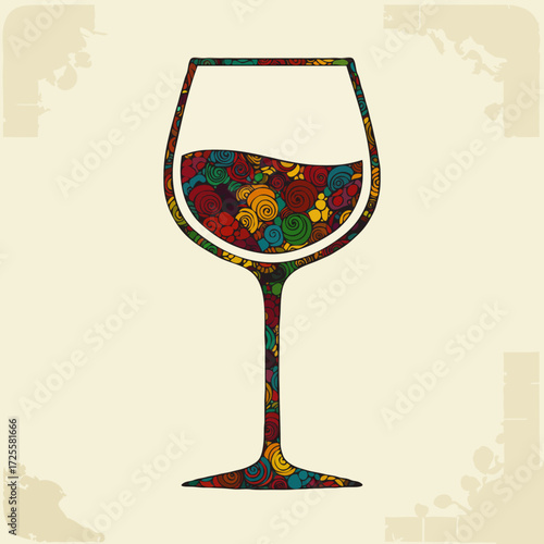 Decorative wine glass silhouette with floral pattern in vintage style on beige background. Perfect for wine labels, party invitations, or artistic beverage designs.