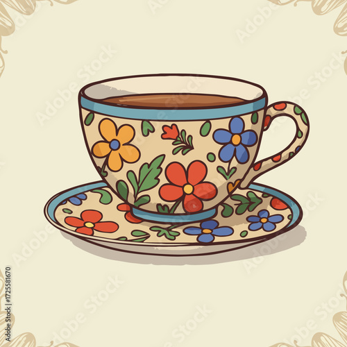 Floral teacup with tea on matching saucer in vintage hand-drawn style on decorative beige background. Perfect for tea party designs, kitchen decor, or cozy beverage illustrations.