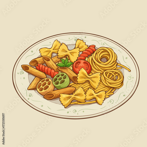 Hand-drawn plate of assorted pasta types with vegetables in colorful vintage style on beige background. Perfect for Italian menu designs, food blogs, or culinary illustrations.