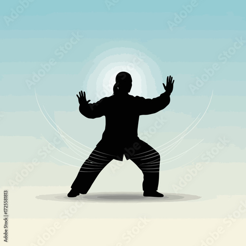 Graceful silhouette of a person practicing Tai Chi in a serene, light-filled environment embodying balance and inner peace