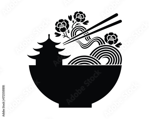 Stylized black silhouette of a bowl of ramen noodles with chopsticks and cherry blossoms