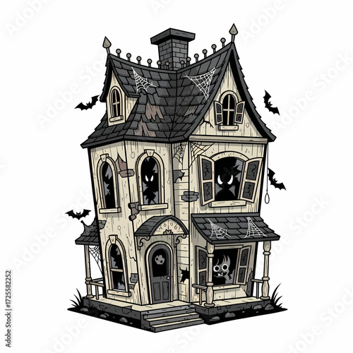 Cartoon Haunted House with Bats Cobwebs and Spooky Figures in Windows.