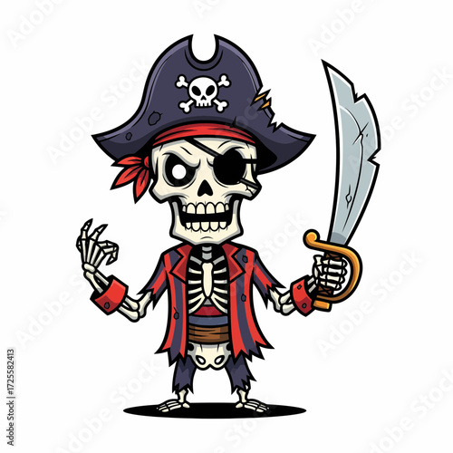 Cartoon Pirate Skeleton with Tattered Hat Red Coat and Jagged Sword.