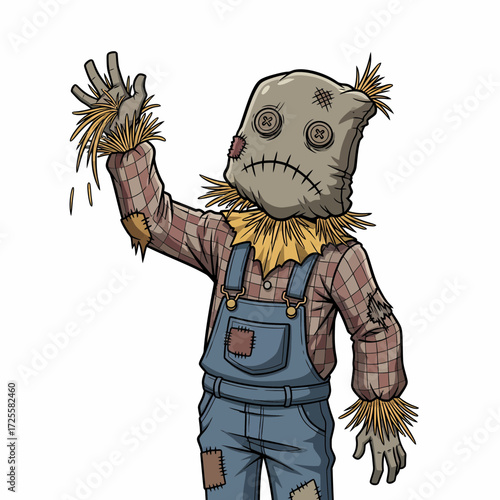 Cartoon Scarecrow with Button Eyes and Plaid Shirt Waving Handful of Straw.