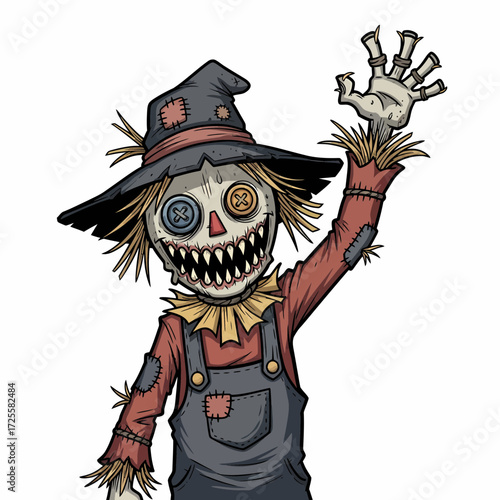 Cartoon Scarecrow with Button Eyes Patchwork Hat and Raised Skeletal Hand.