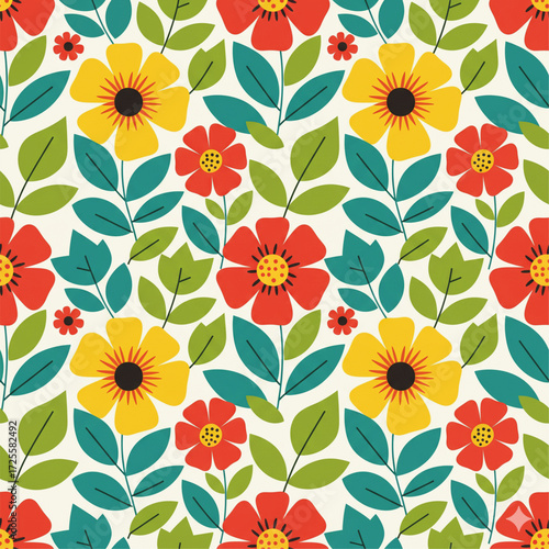 Seamless Botanical Floral Pattern – Colorful Decorative Flower and Leaf Background