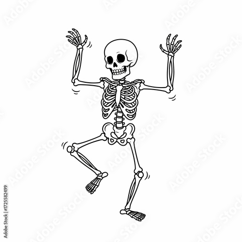 Cartoon Skeleton Dancing with Arms Raised and One Leg Bent in Line Art.