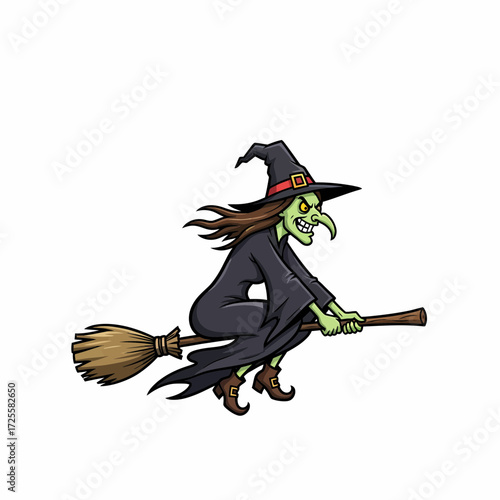Cartoon Witch with Green Skin Flying on Broomstick with Evil Grin.