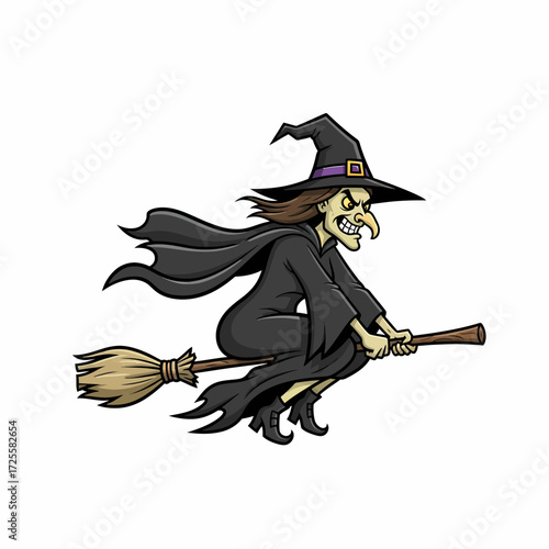 Cartoon Witch with Pointed Hat and Broomstick Flying in the Night.