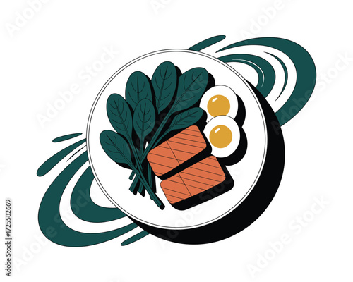 Healthy plate with salmon fillets boiled eggs and fresh spinach leaves