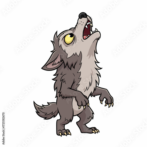 Cartoon Wolf Howling with Sharp Teeth and Yellow Eyes in Upward Angle.
