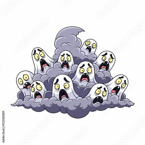 Cartoonish Ghosts Emerging from Smoky Cloud with Scared Expressions.