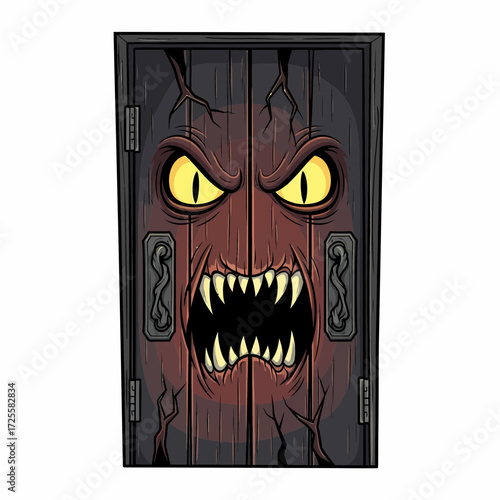Cartoonish menacing wooden door with glowing yellow eyes and sharp teeth.