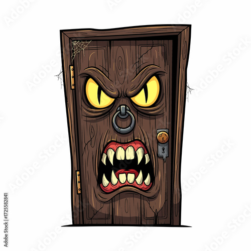 Cartoonish Monster Door with Glowing Eyes Sharp Teeth and a Metal Ring.