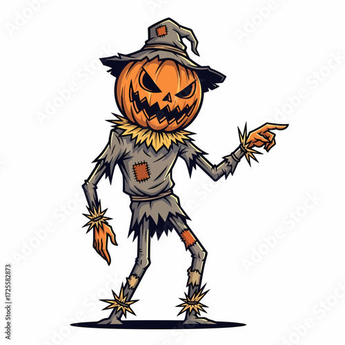 Cartoonish Scarecrow with Pumpkin Head and Pointing Hand Wearing a Patchwork Hat.