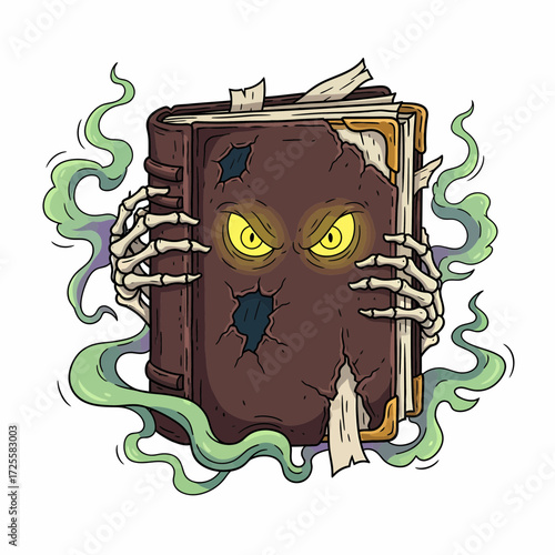 Grimoire with Glowing Eyes and Skeletal Hands Surrounded by Green Smoke.
