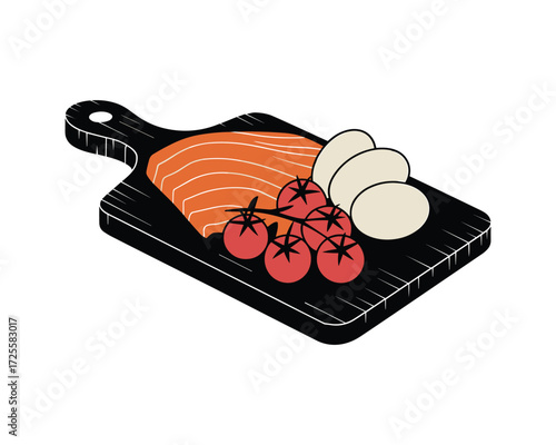 Fresh salmon fillet with cherry tomatoes and eggs on a rustic wooden cutting board
