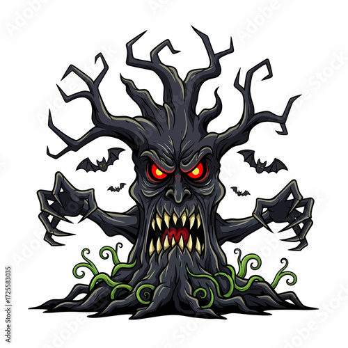 Sinister Cartoon Tree Monster with Glowing Red Eyes and Bats.