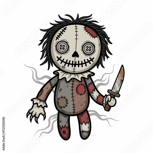 Sinister Ragdoll with Button Eyes and Rusty Knife Surrounded by Eerie Wisps.