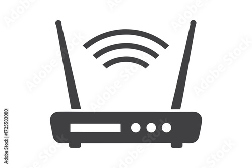 A silhouette displays a wireless internet router emitting waves above, positioned centrally on a white canvas