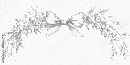 Flower wreath and bow. Ink form with worn halftone gradient, scattered gravel spots and rough vintage grain detail.
