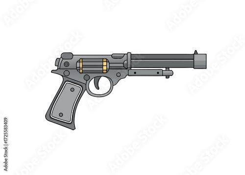 Black pistol and 9mm bullets isolated on white background, a common image for crime, military, or security concepts