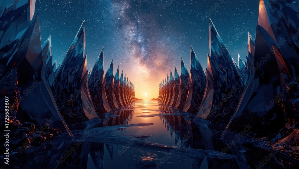 Fototapeta premium A breathtaking, otherworldly landscape unfolds, featuring a futuristic, jagged wall reflecting a vibrant sunrise and starlit sky.