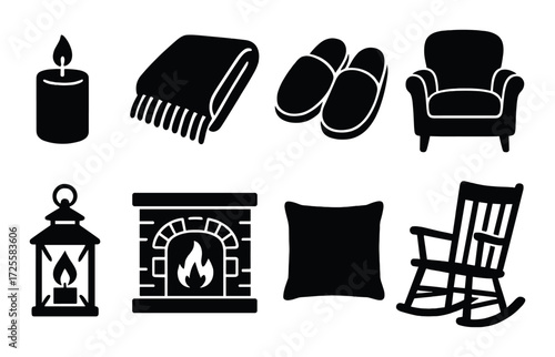 Cozy home icons: candle, blanket, slippers, armchair, lantern, fireplace, pillow, rocking chair