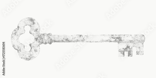 Key with an aged surface. Abstract ink shape with dusty threshold texture scattered grit and soft paper grain. Faint speckle marks and dry brush give a worn surface.