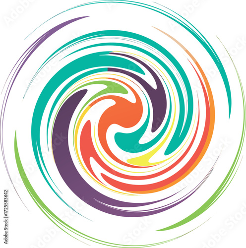 An abstract, colorful swirl and spiral pattern illustration design with rainbow light and wave texture creates a vibrant, twirling backdrop