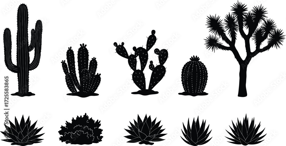 Fototapeta premium Desert Plant Silhouette Set Featuring Cacti and Agave Varieties – Black Botanical Icons for Landscaping, Nature Education, or Southwestern Design Themes
