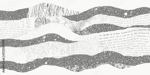 Collage background with scraps of paper. Abstract shape with stippled grain dusty noise and soft threshold edges. Rough paper texture with scattered ink marks and faint scratches.