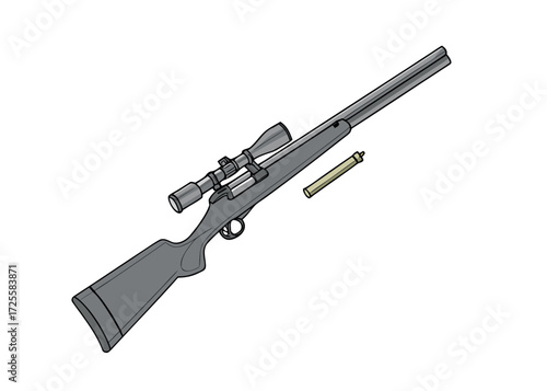 An isolated black and white vector illustration of an automatic assault rifle and bullets represents a military weapon used for war and shooting