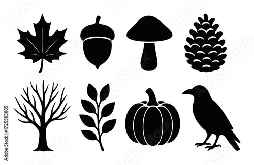 Silhouette icons: maple leaf, acorn, mushroom, pinecone, tree, branch, pumpkin, raven