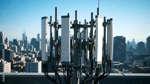 Advanced 5G mobile communication base station with panel antennas on a building roof overlooking a metropolis