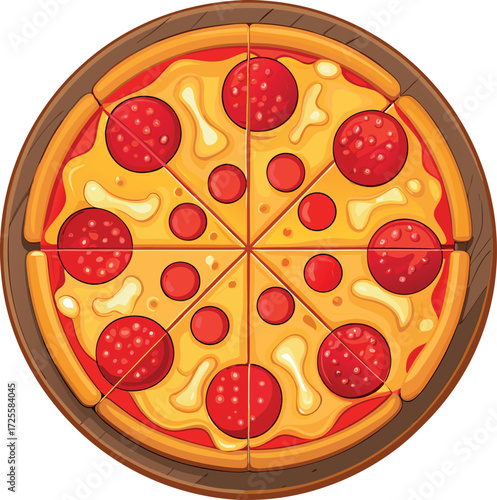 Delicious Italian pizza with salami slice and mozzarella cheese isolated on white background for a tasty dinner meal