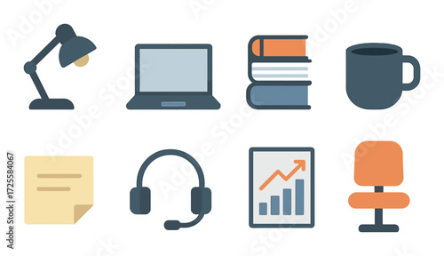 Office essentials: desk lamp, laptop, books, coffee mug, sticky note, headset, chart, chair icons