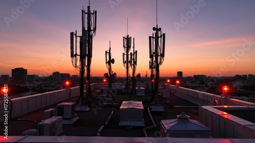 Urban rooftop telecommunication base station with cellular antennas and red warning lights at dusk, highlighting critical infrastructure for wireless network connectivity