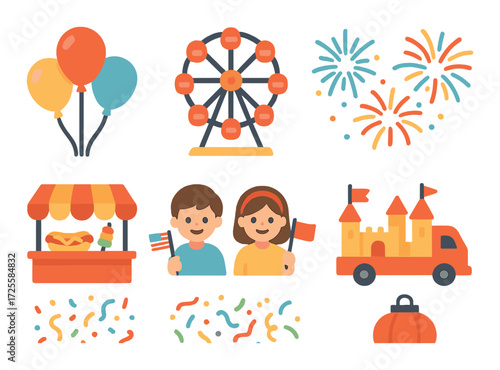 Colorful fair icons with ferris wheel fireworks balloons children and castle