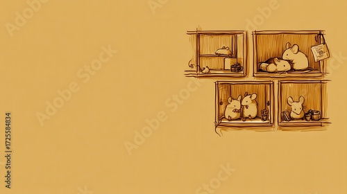 Cute hand-drawn mice in cozy boxes, interacting and relaxing, with a warm brown background and playful atmosphere.